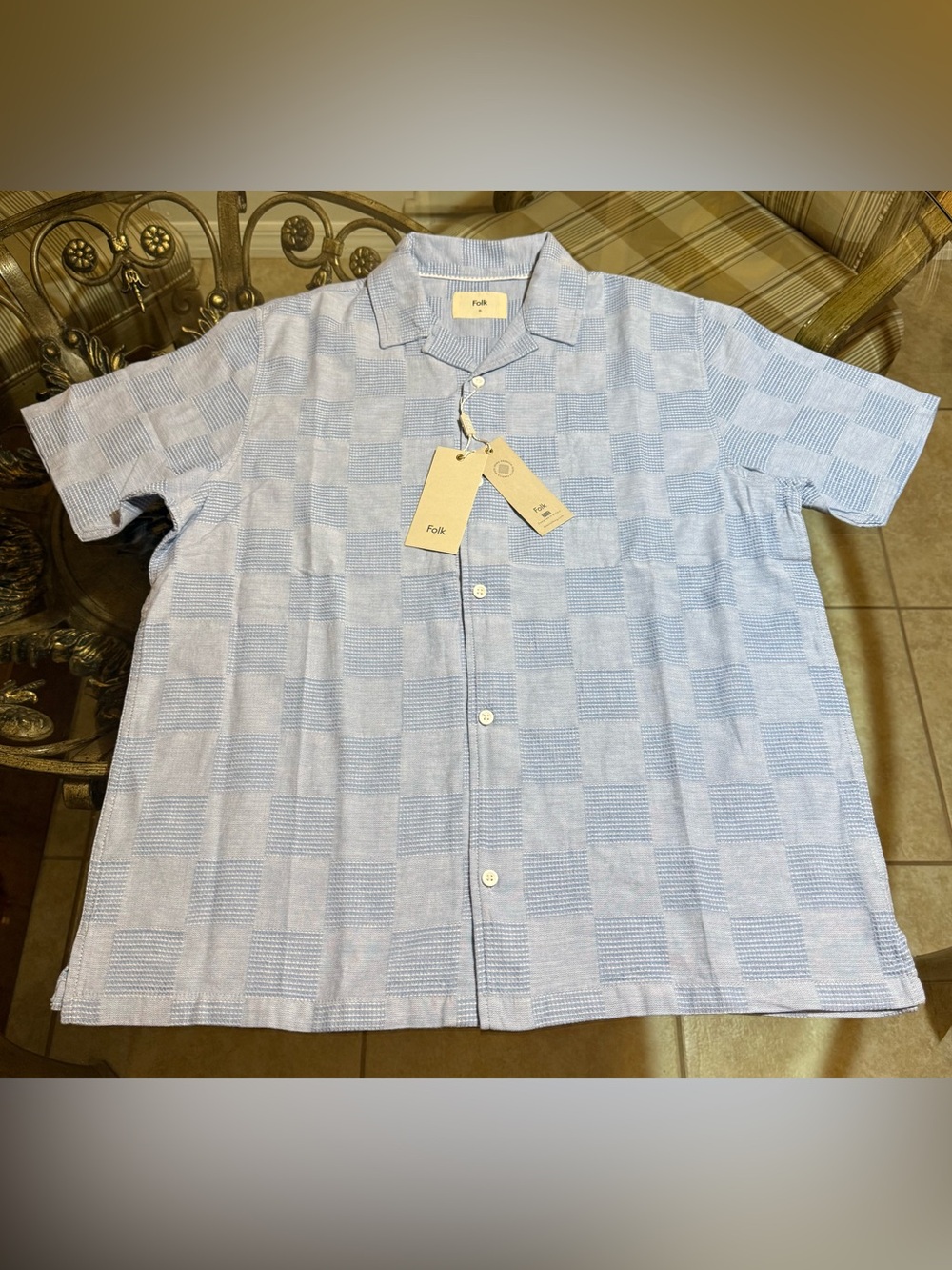 Folk Light Blue Checkered Short-Sleeve Button-Up Shirt